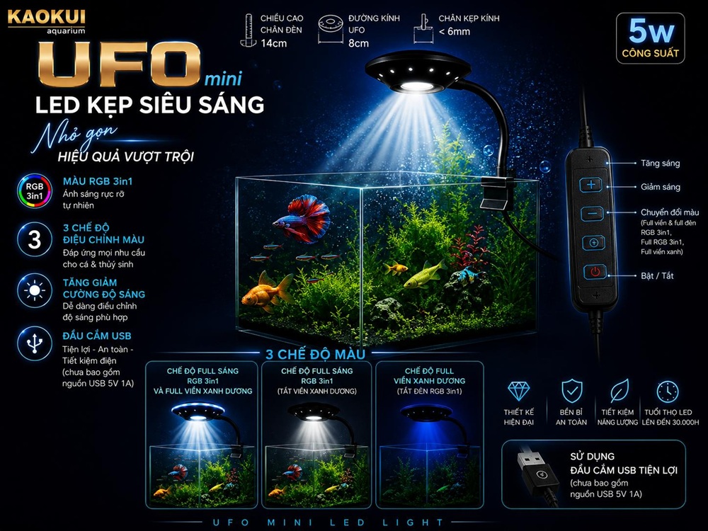 Led KK UFO mini 5W (chưa gồm nguồn USB 5V 1A)